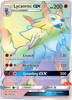 Lycanroc-GX Rare Rainbow card from Burning Shadows