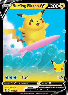 Surfing Pikachu V Rare Holo V card from Celebrations