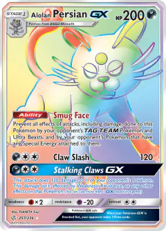 Alolan Persian-GX Rare Rainbow card from Cosmic Eclipse