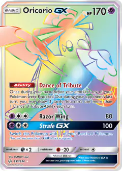 Oricorio-GX Rare Rainbow card from Cosmic Eclipse