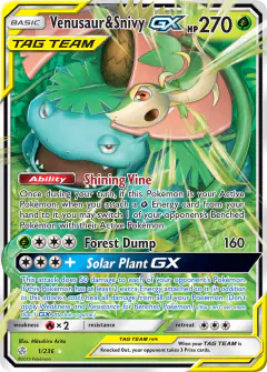 Venusaur & Snivy-GX Rare Holo GX card from Cosmic Eclipse