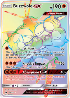 Buzzwole-GX Rare Rainbow card from Crimson Invasion