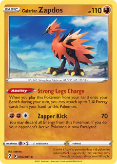 Galarian Zapdos Rare Holo card from Evolving Skies