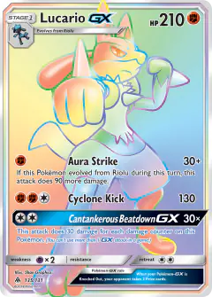 Lucario-GX Rare Rainbow card from Forbidden Light