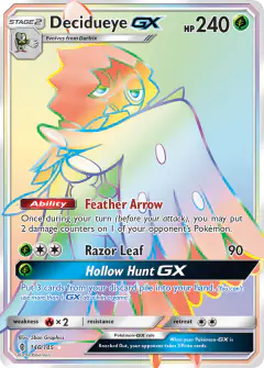 Decidueye-GX Rare Rainbow card from Guardians Rising