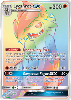 Lycanroc-GX Rare Rainbow card from Guardians Rising
