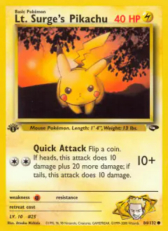 Lt. Surge's Pikachu Common card from Gym Challenge
