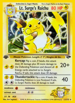 Lt. Surge's Raichu Rare Holo card from Gym Challenge