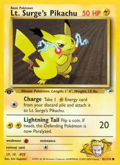 Lt. Surge's Pikachu Common card from Gym Heroes