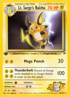 Lt. Surge's Raichu Rare card from Gym Heroes