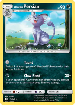 Alolan Persian Uncommon card from Sun & Moon Base