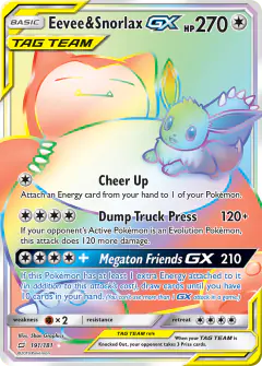 Eevee & Snorlax-GX Rare Rainbow card from Team Up