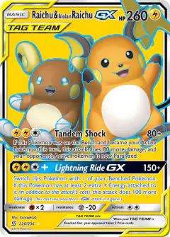 Raichu & Alolan Raichu-GX Rare Ultra card from Unified Minds
