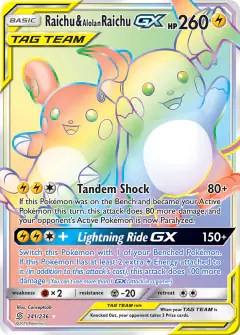 Raichu & Alolan Raichu-GX Rare Rainbow card from Unified Minds