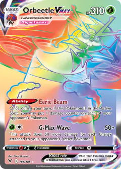 Orbeetle VMAX Rare Rainbow card from Vivid Voltage