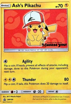 Ash's Pikachu Promo card from Sun & Moon Black Star Promos