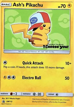 Ash's Pikachu Promo card from Sun & Moon Black Star Promos